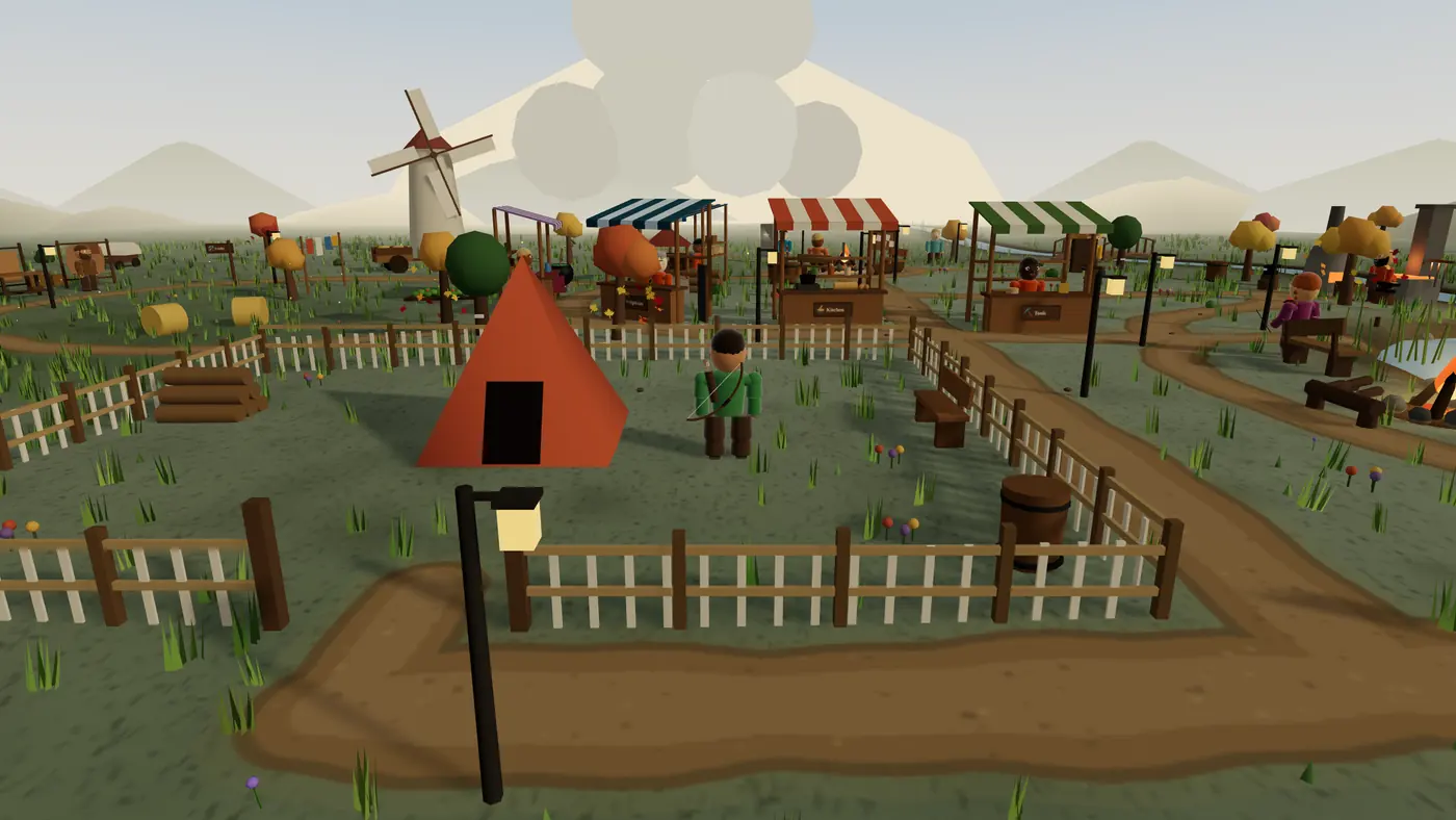 Camp in the maple woods: an orange tent inside a fenced yard, market stalls along a dirt lane and a windmill behind.
