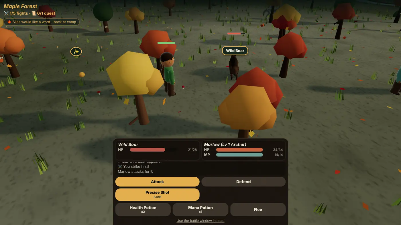 A fight with a Wild Boar among the maples, the turn buttons Attack, Defend and Precise Shot at the bottom of the screen.