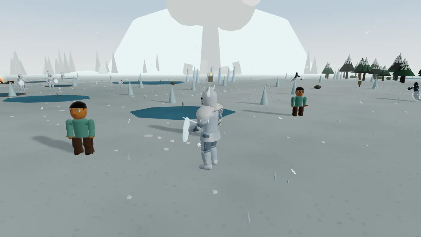 Travellers out on the snow of Frozen Lake, ice spikes and patches of open water around them and snowy pines beyond.