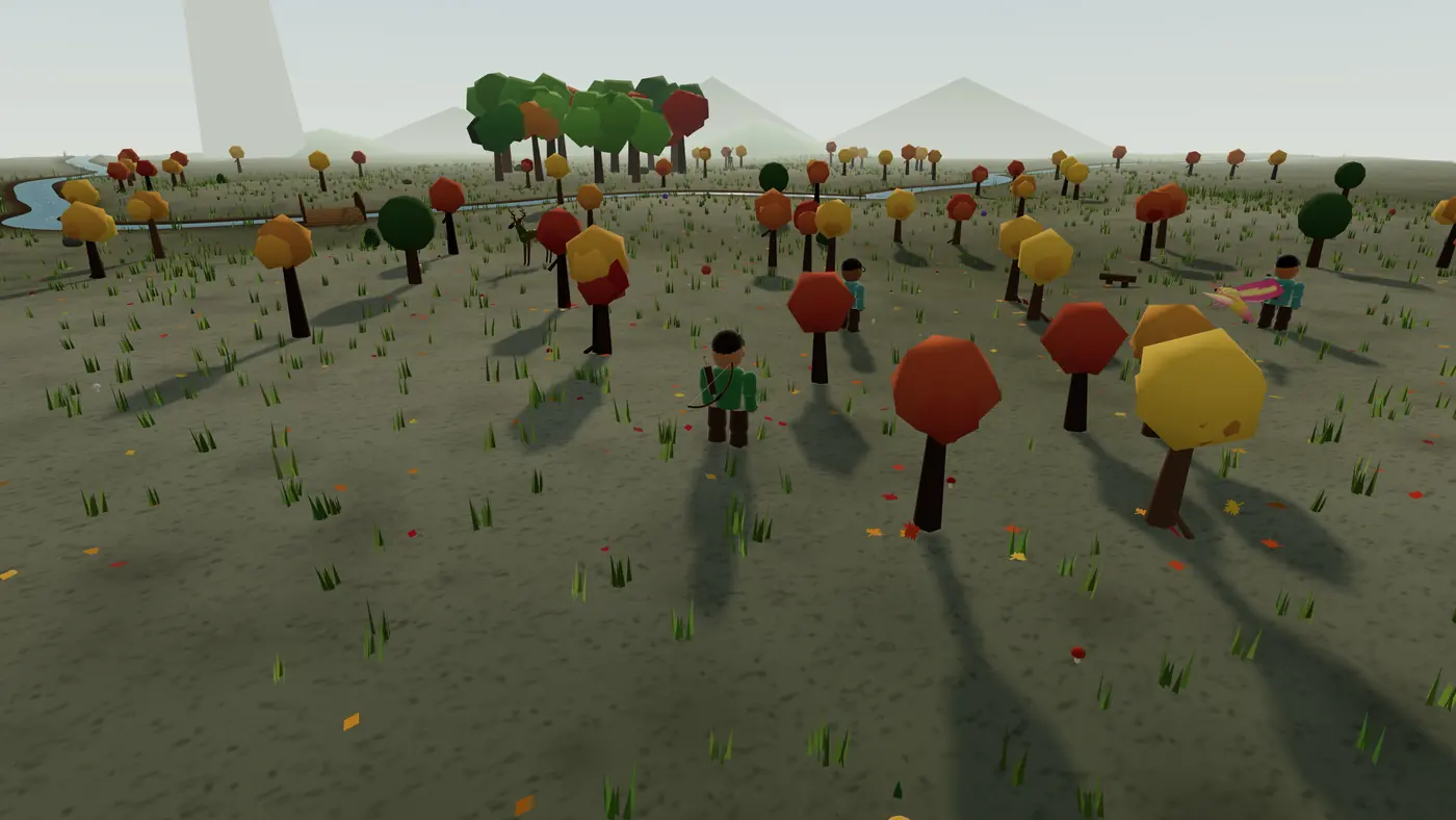 An archer stands among red, orange and gold maples in Maple Forest, a river winding through the trees behind.