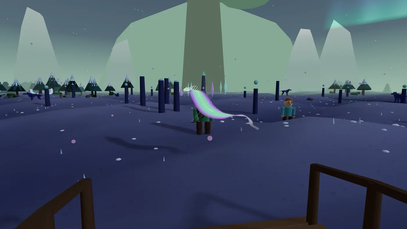 Night at the Northern Lights Sanctum, green aurora over the peaks and a ribbon of light drifting past the travellers.