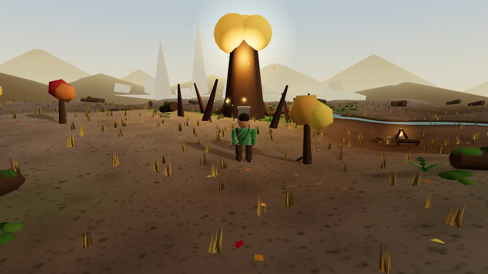 An archer in green stands on open ground before the World Tree, its crown glowing gold, with a campfire by the river behind.